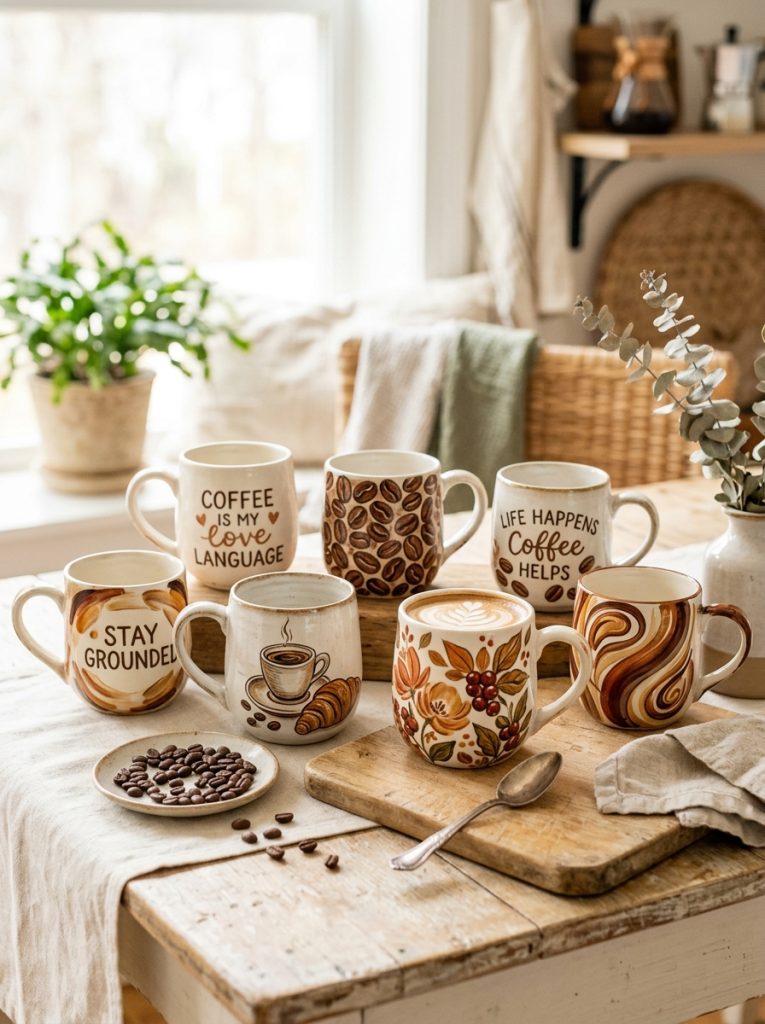 Beautiful coffee mug painting with coffee bean patterns espresso illustrations coffee quotes cafe artwork warm brown cream designs