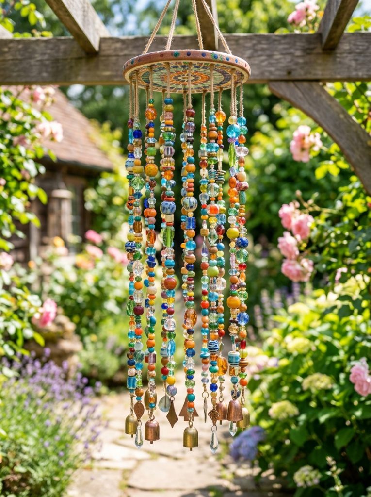 Beautiful colorful bead DIY wind chimes with glass ceramic and wooden beads at different lengths catching sunlight magnificently 
