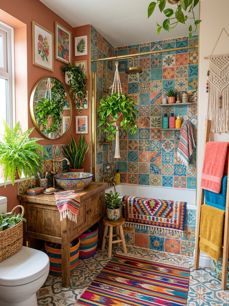 Beautiful colorful boho bathroom with vibrant tiles patterned textiles botanical prints mixed color accessories in joyful vibrant design