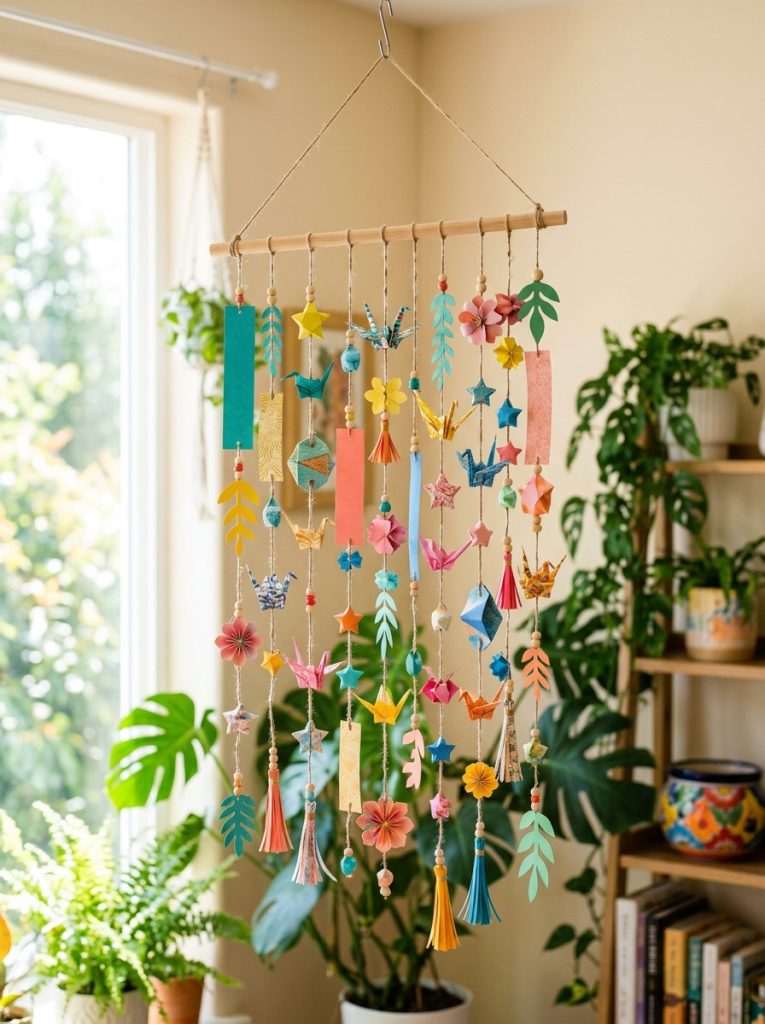  Colorful paper DIY wind chime crafts with paper strips origami shapes and decorations on string from wooden dowel as indoor decorations