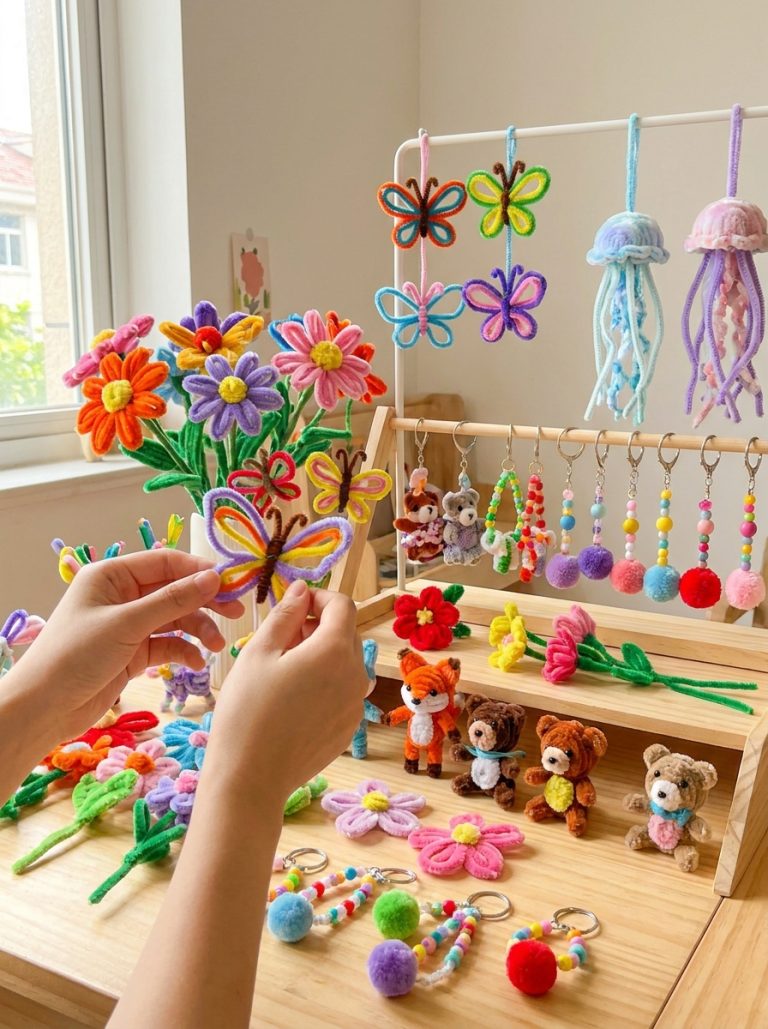 Colorful pipe cleaner crafts display with flowers butterflies cute animals beaded keychains and jellyfish on bright craft table