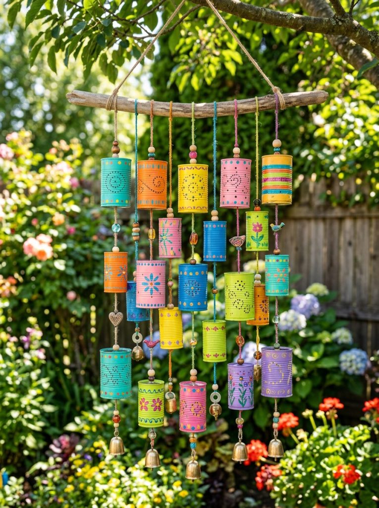  Colorful tin can DIY wind chimes with painted recycled cans in bright colors with punched holes assembled as outdoor recycled chime 