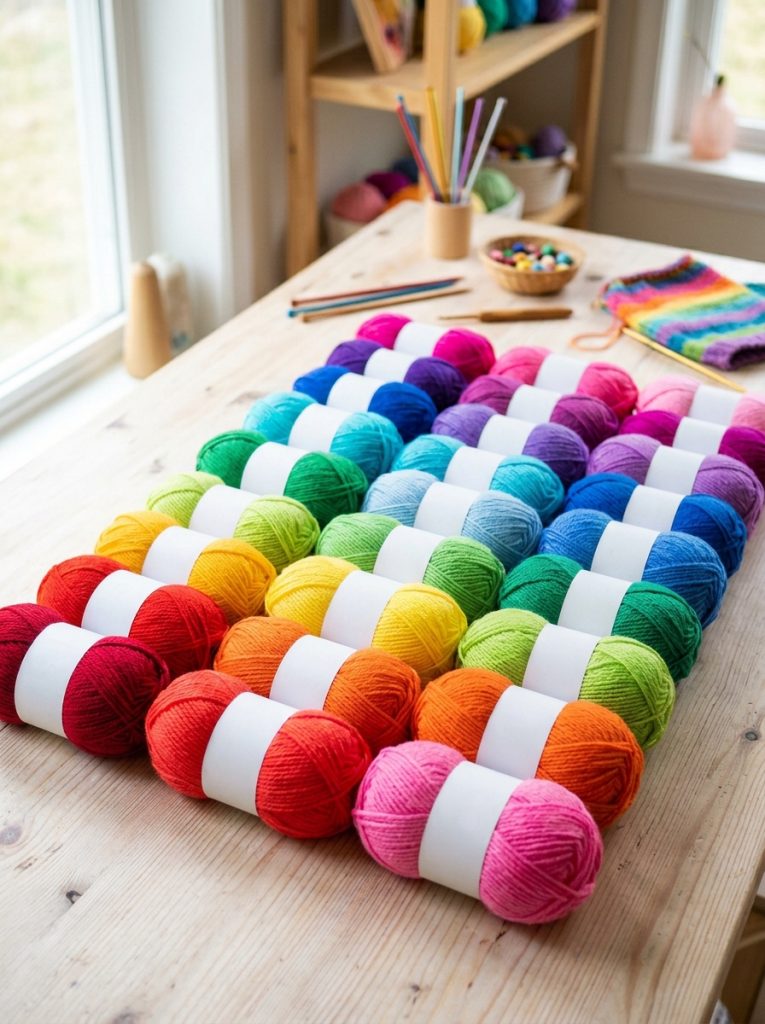 Beautiful colorful assorted yarn collection for kids with rainbow of bright balls in every color arranged on bright craft surface