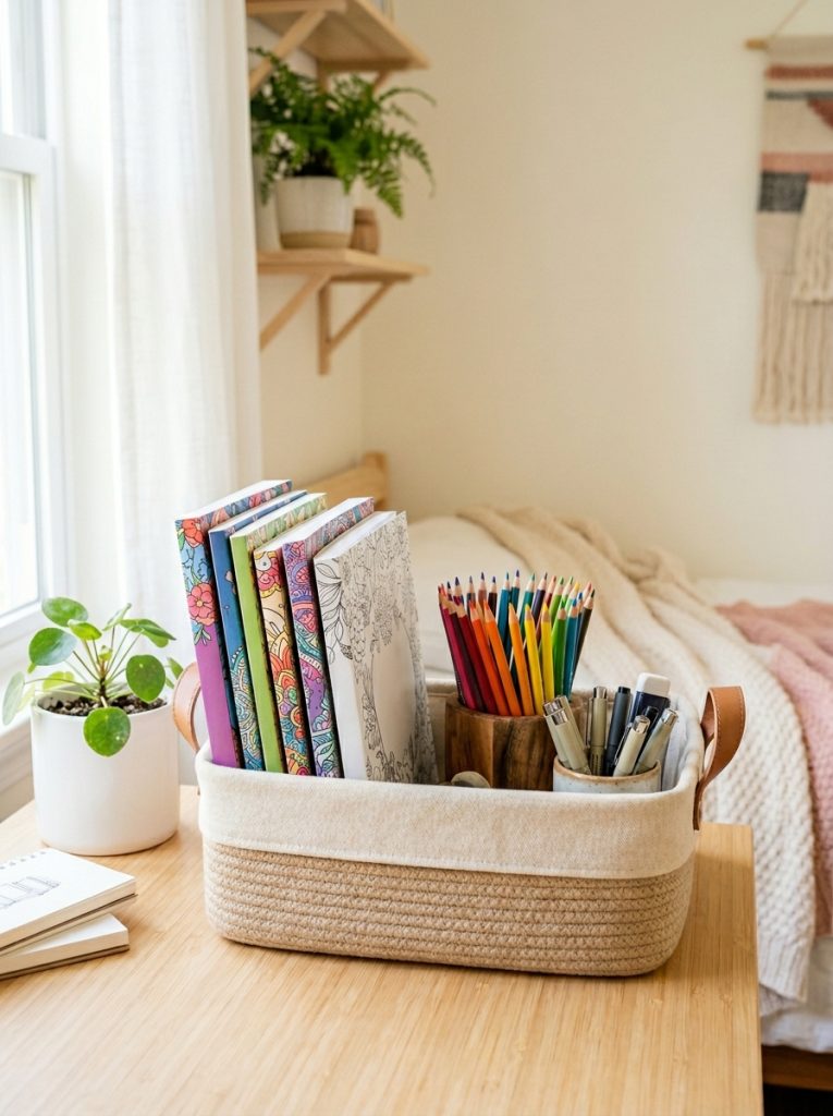 Coloring books and art supplies stored neatly in bedroom organizer bin with coloring books upright in bright bedroom