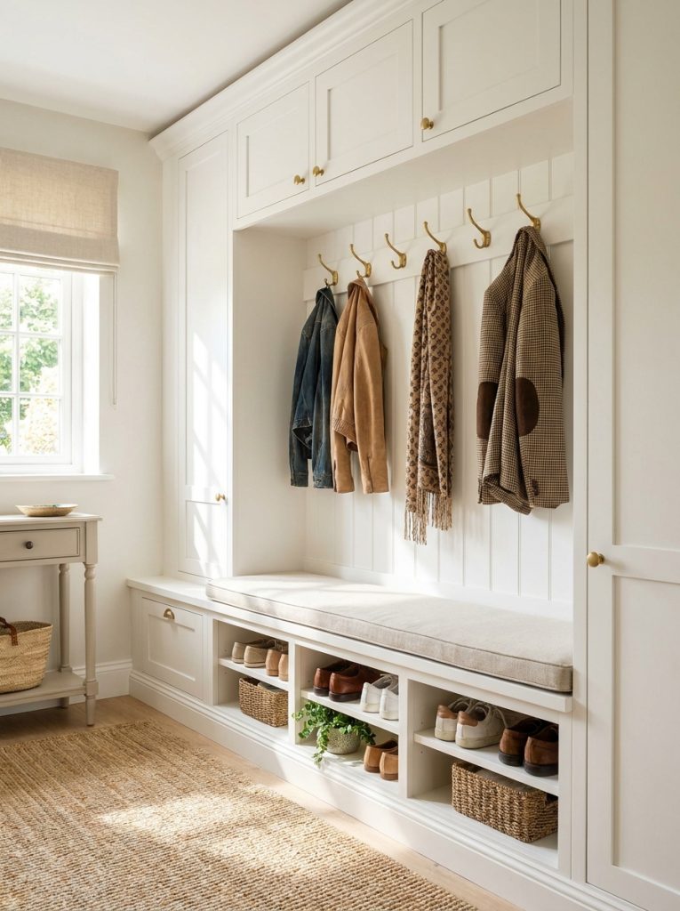  Beautiful combined coat and shoe storage with coat hooks above shoe storage below creating unified entryway organization solution