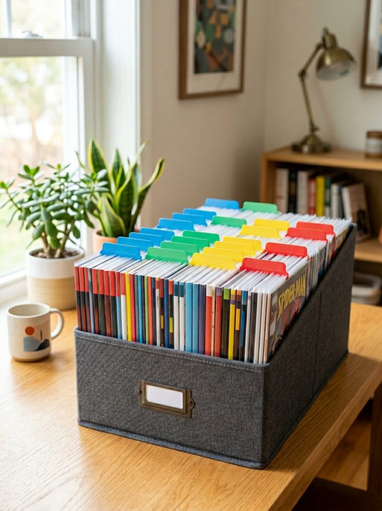  Sturdy comic book storage box with comics stored upright in neat rows with divider tabs in bright clean space
