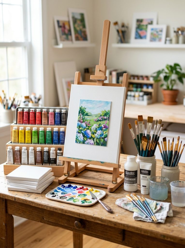  Complete acrylic painting kit with paints brushes canvases easel palette and all tools organized as complete studio setup