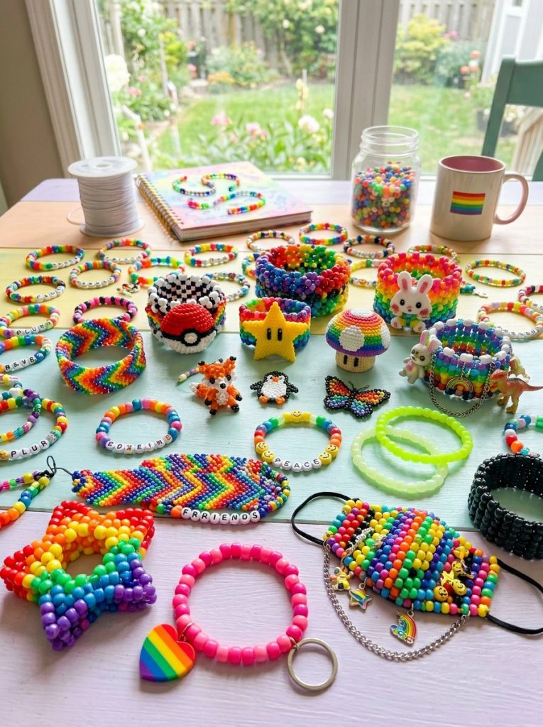 Complete kandi ideas collection with singles patterns cuffs animal letters glow scene matching pink pride keychain and 3D styles