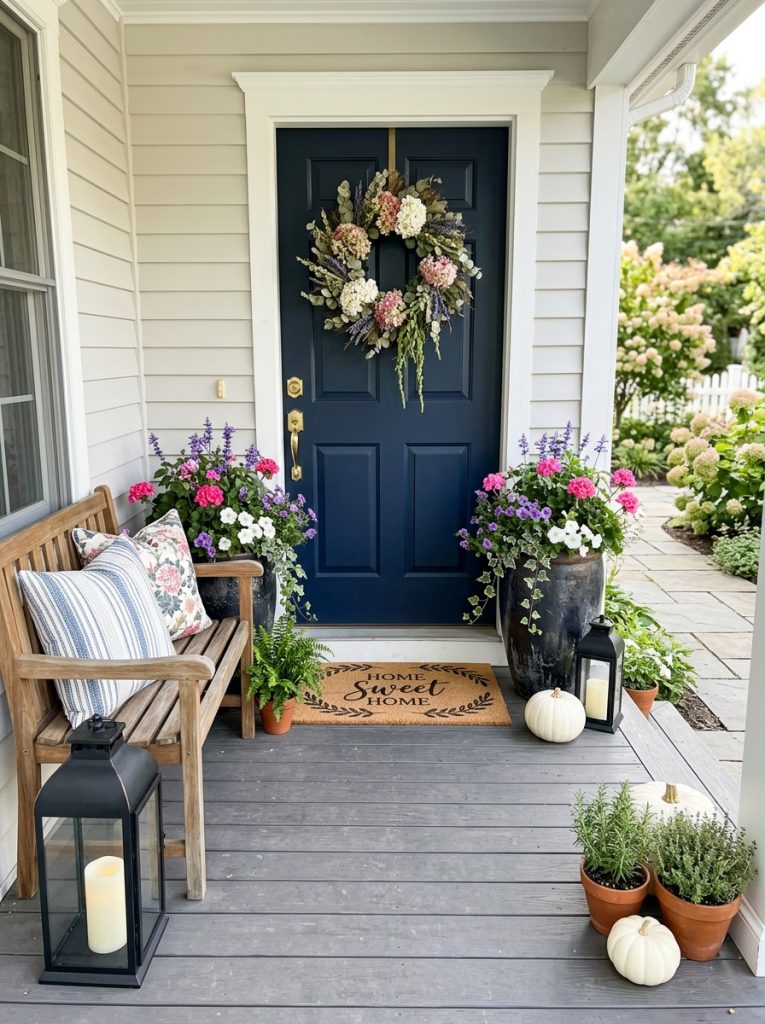 Complete outdoor entryway decor with large planters lanterns welcome mat wreath bench seasonal flowers all as stunning complete entrance display 