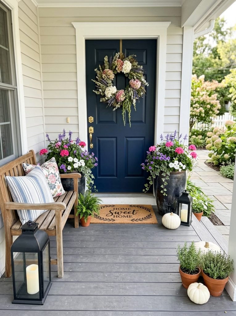 Complete outdoor entryway decor with large planters lanterns welcome mat wreath bench seasonal flowers all as stunning complete entrance display