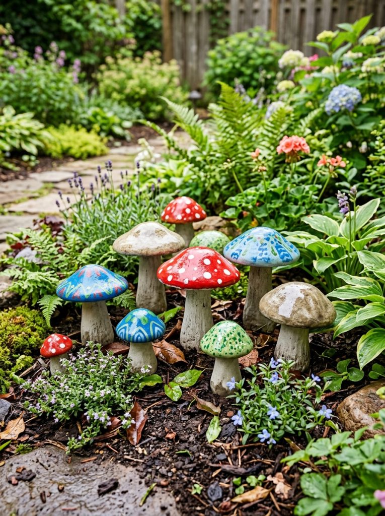 Beautifully weatherproofed concrete garden mushrooms with sealed finish maintaining painted and natural color through rain frost and seasons