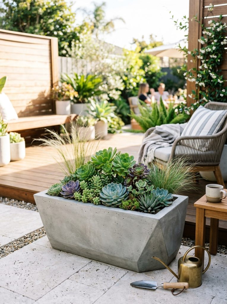 Modern DIY concrete planter box with clean geometric lines filled with succulents on contemporary patio