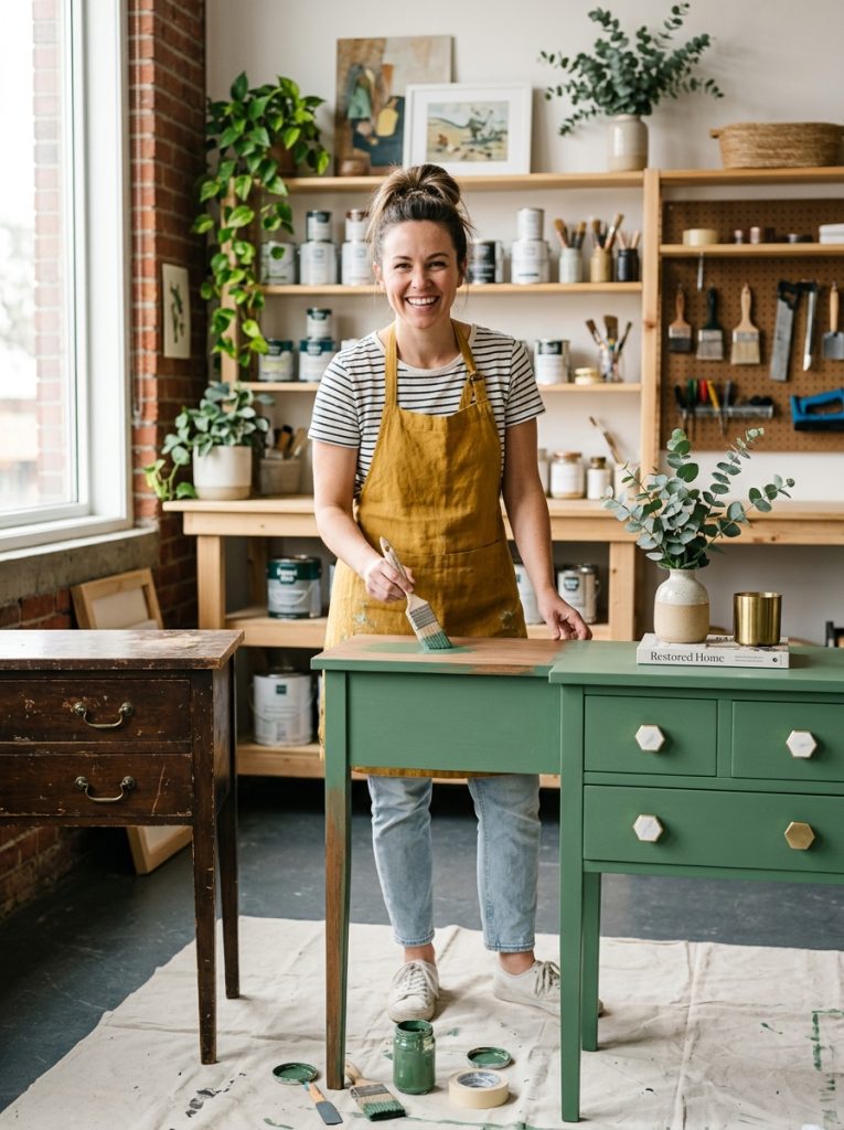 Old console table being transformed with bold sage green paint and new hardware pulls in bright work setting