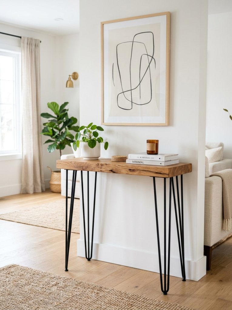 DIY console table with black metal hairpin legs and natural wood top in bright minimal living room