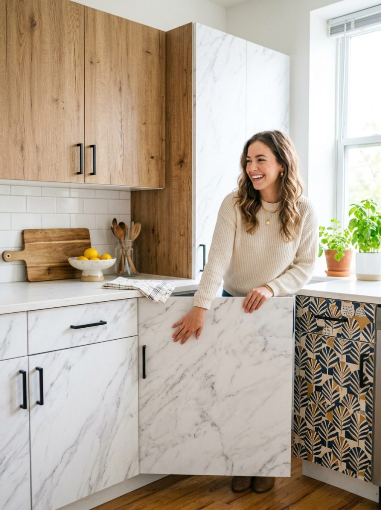Beautiful peel stick contact paper kitchen cabinet DIY with wood grain marble and pattern finishes creating renter-friendly makeover results 