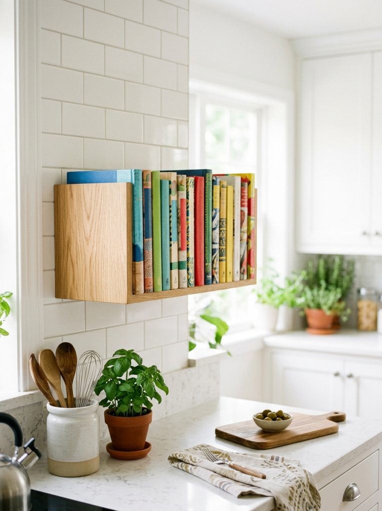 Cookbook storage rack on kitchen counter holding several cookbooks upright with spines facing out in bright kitchen