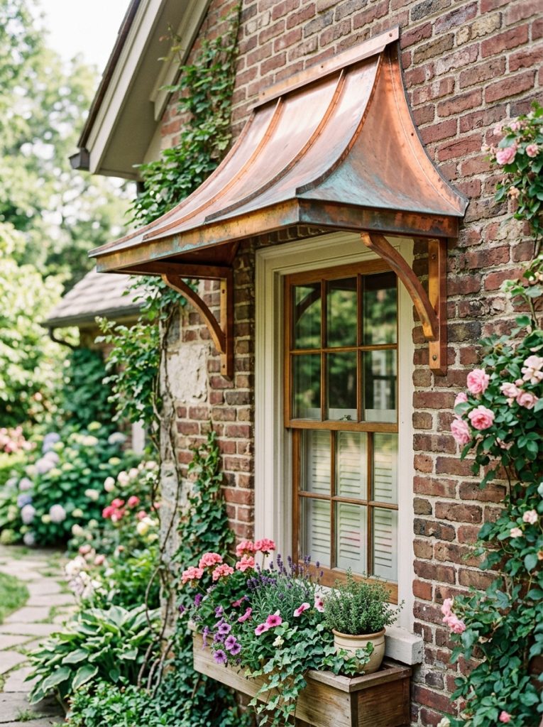 Beautiful copper window awning DIY with warm copper sheet above windows on brick stone home exterior with natural patina developmen