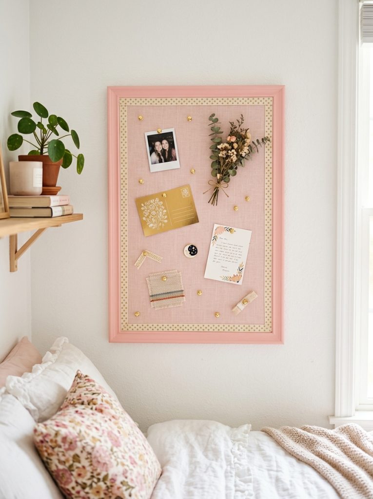 Cute DIY cork board in pale pink fabric with gold push pins painted pink frame and ribbon trim on bright white bedroom wall