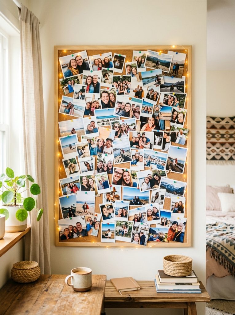 Large DIY cork board with beautiful photo collage printed photos overlapping and pinned with fairy lights on bedroom wall