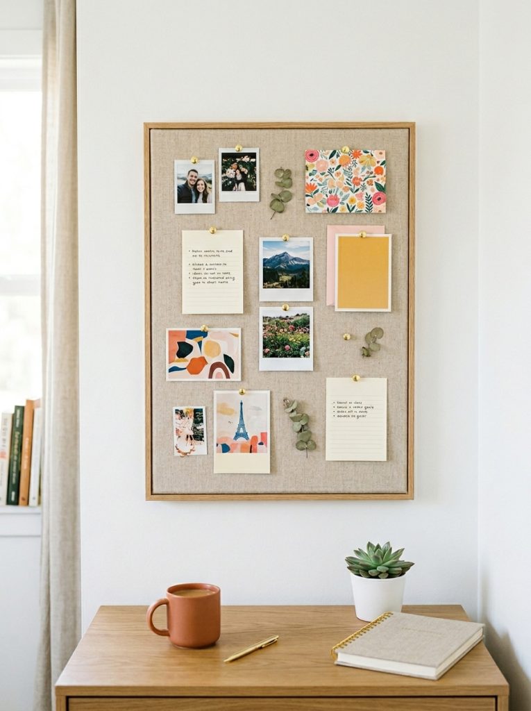 DIY cork board covered in soft linen fabric with gold push pins and pinned photos in bright minimal home office