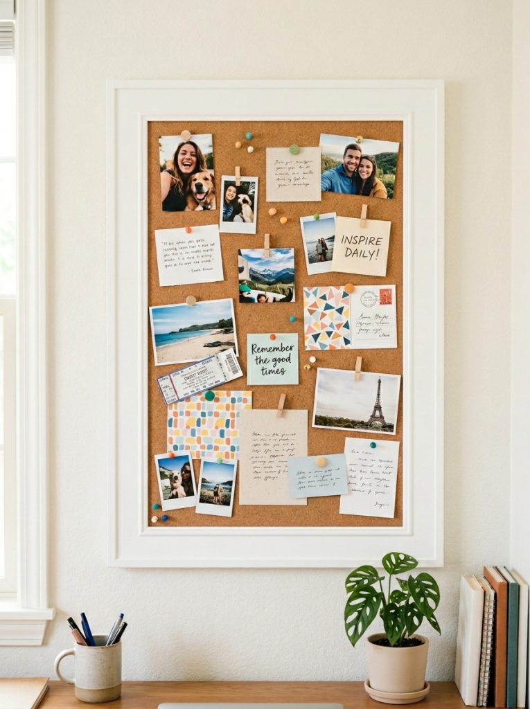  Large DIY framed cork board with thick wooden frame painted white on bright home office wall with photos and notes