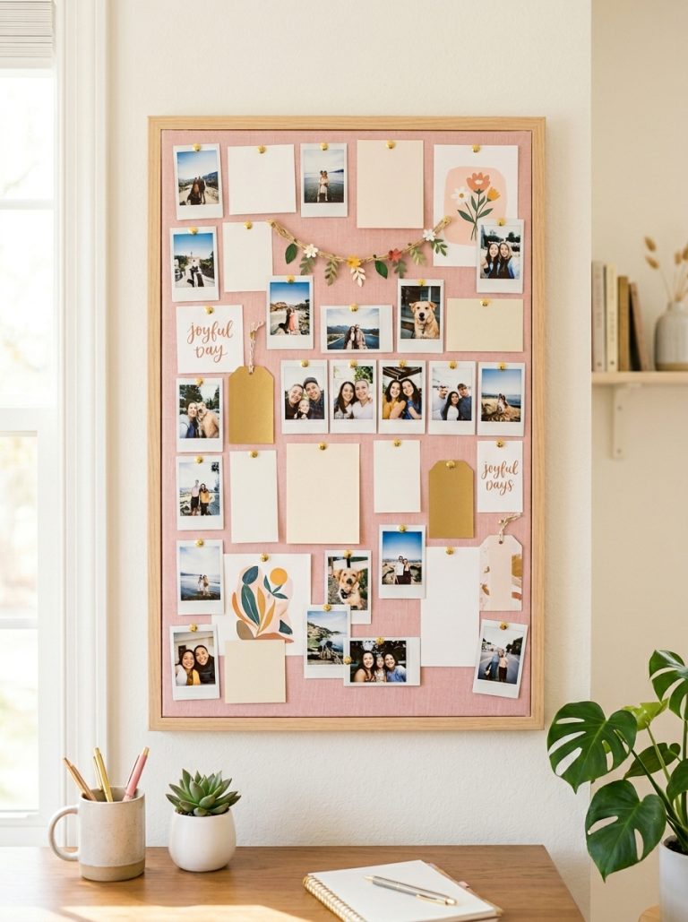 DIY cork board covered in pink fabric with gold push pins photos and notes in bright minimal home office