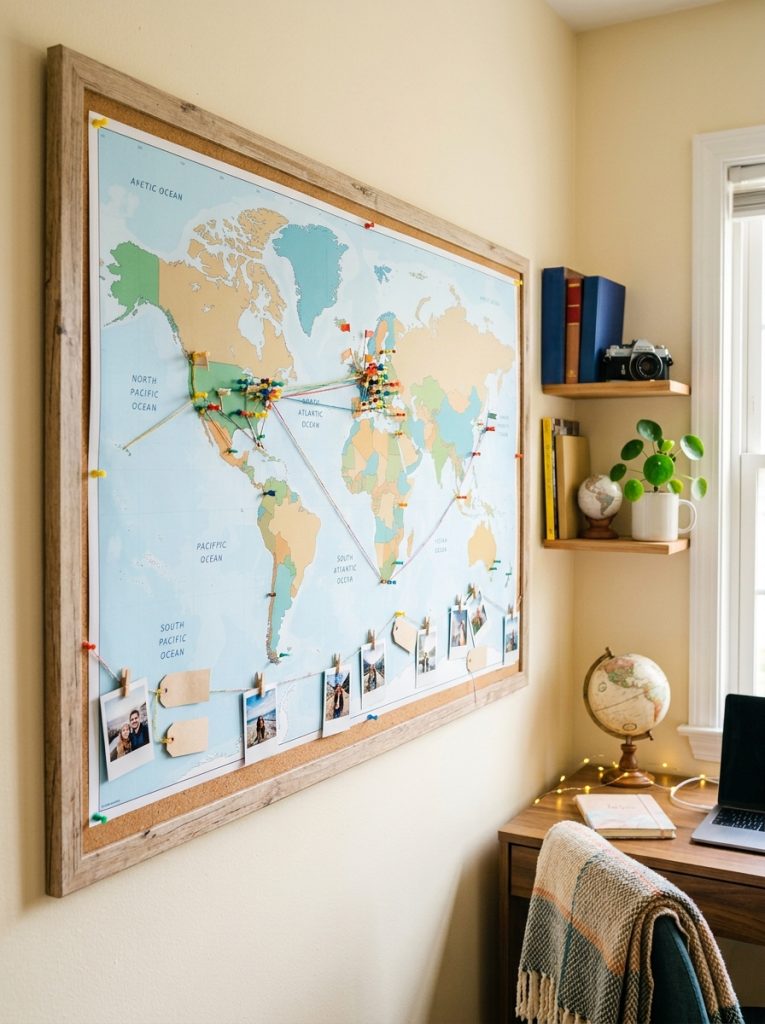 DIY cork board with world map printed on paper covering cork surface with push pins marking visited locations in bright room