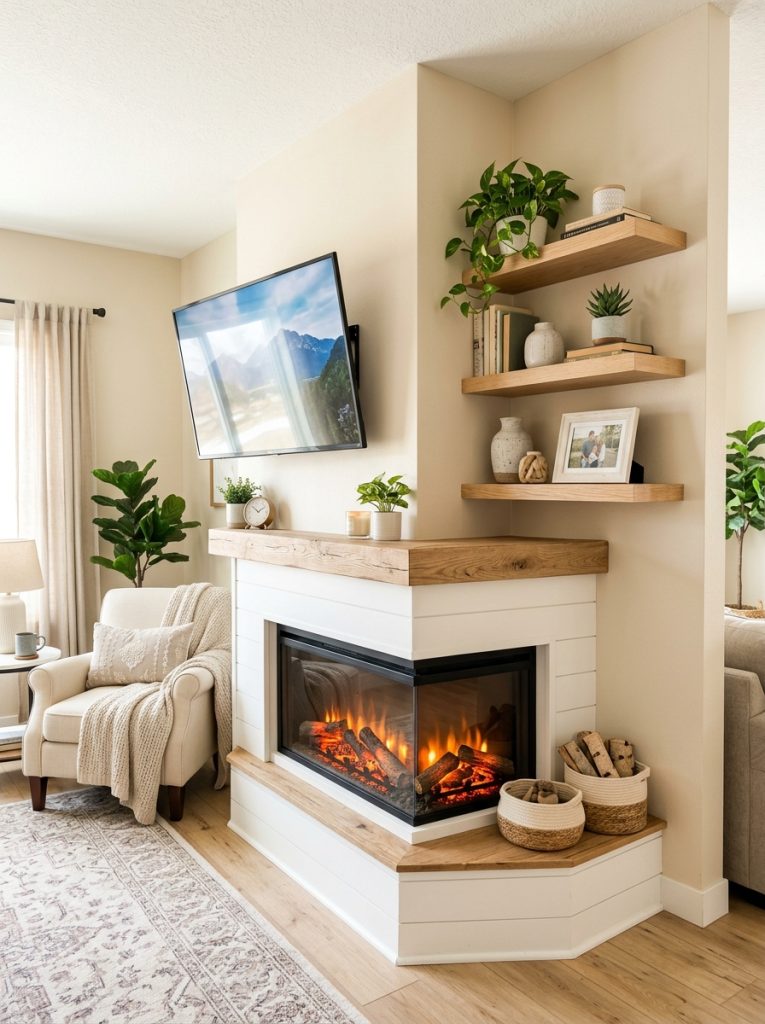 DIY corner fireplace TV wall with corner electric fireplace insert angled TV mount and shelves on adjacent walls in bright living room
