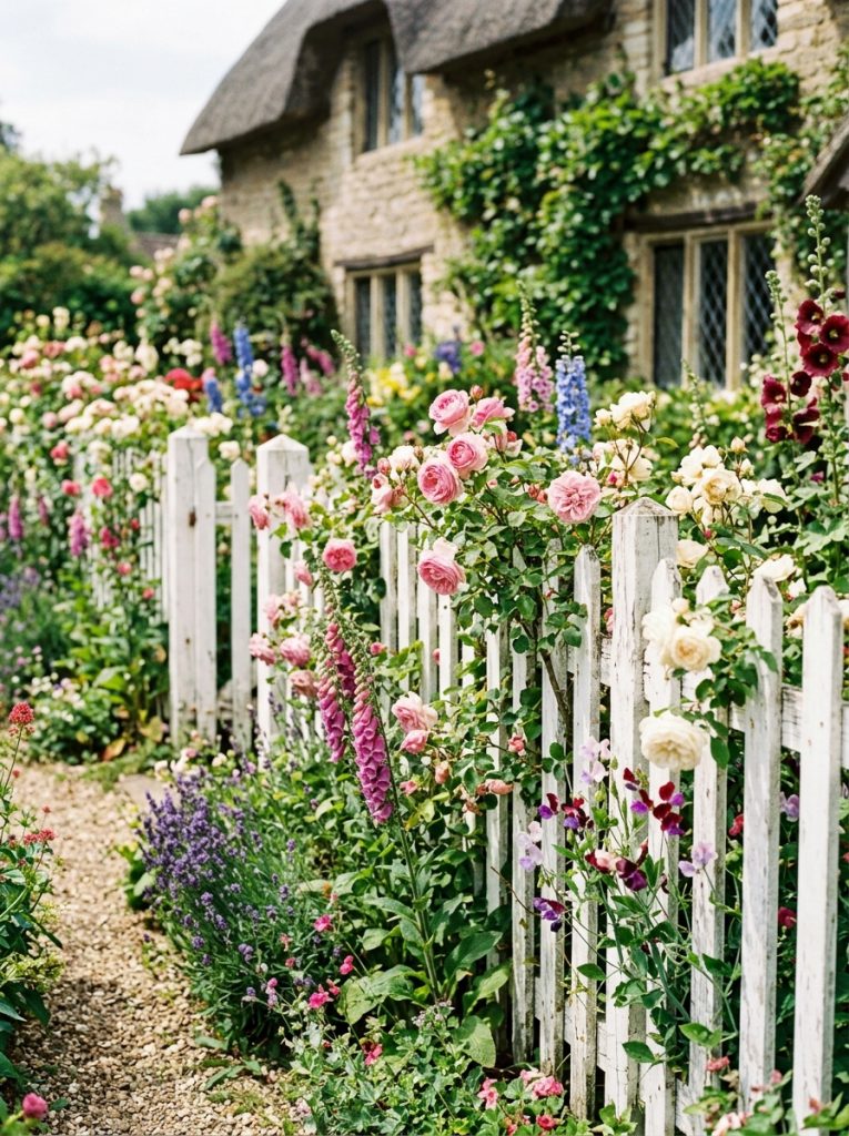  Beautiful cottage garden fence with white picket or painted wooden fence climbing roses and cottage flowers in quintessential cottage garden
