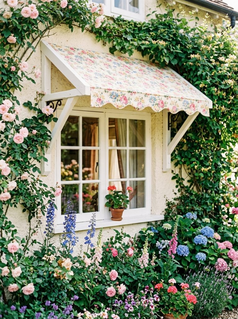 Charming cottage window awning DIY in painted wood or fabric with simple brackets above cottage windows with climbing plants and flowers