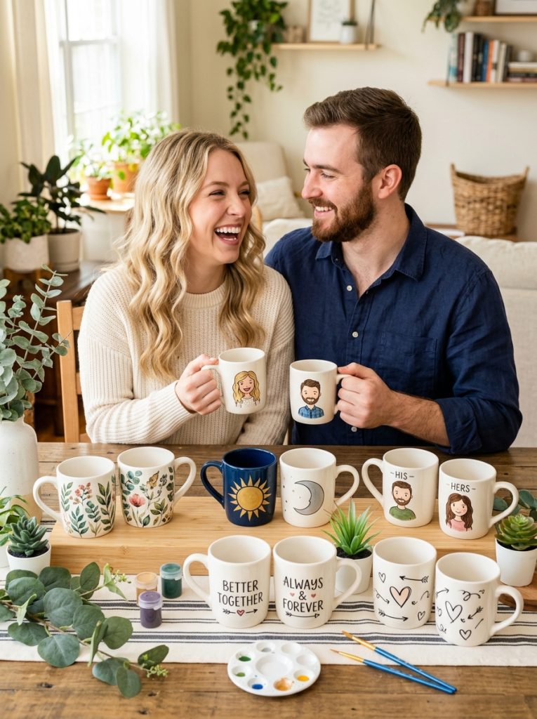 beautiful couple matching mug painting with coordinating botanical sun moon his hers characters and quote pairs as romantic sets