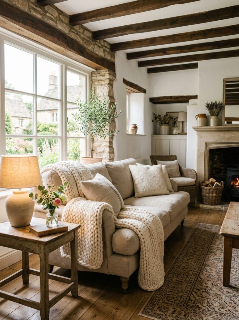  Cozy french farmhouse living room with beautiful cream chunky knit throw blanket draped over linen sofa inviting and warm