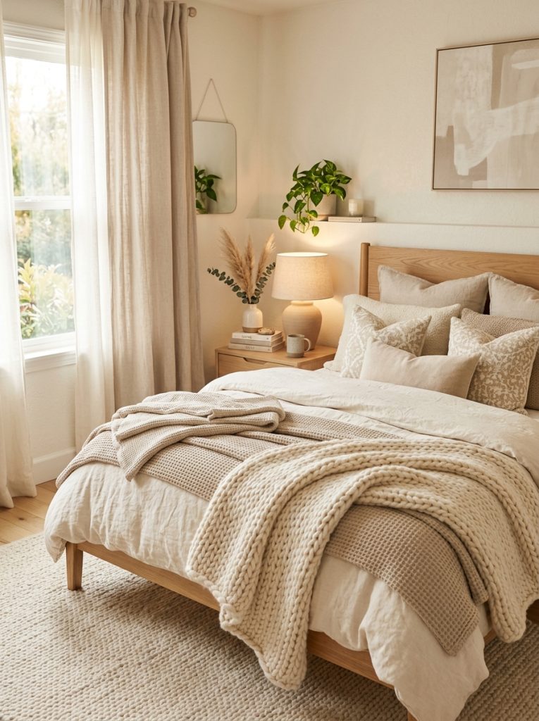 Beautiful cozy soft modern neutral bedroom with abundant layered textiles cream tones plush pillows throws textured blankets curtains