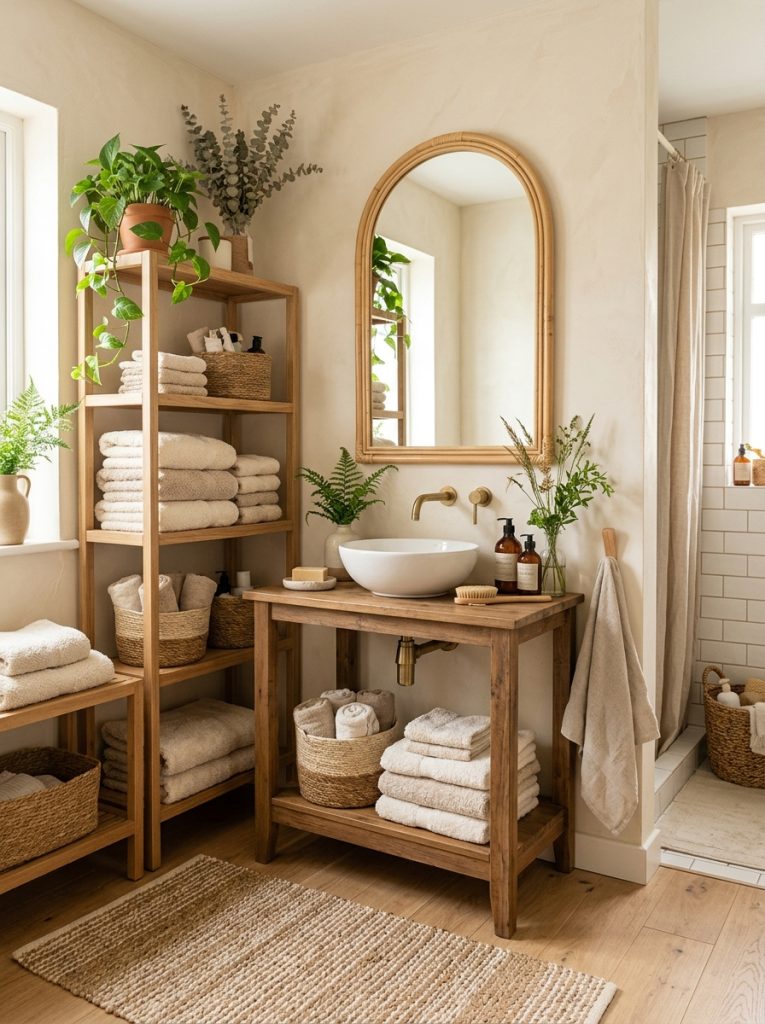 Beautiful cozy neutral boho bathroom in cream beige linen tones with fluffy towels fiber rugs woven baskets botanical displays