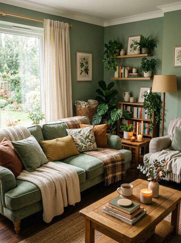 Beautiful cozy sage green living room with soft layered textiles plush cushions warm lighting botanical plants candles inviting seating