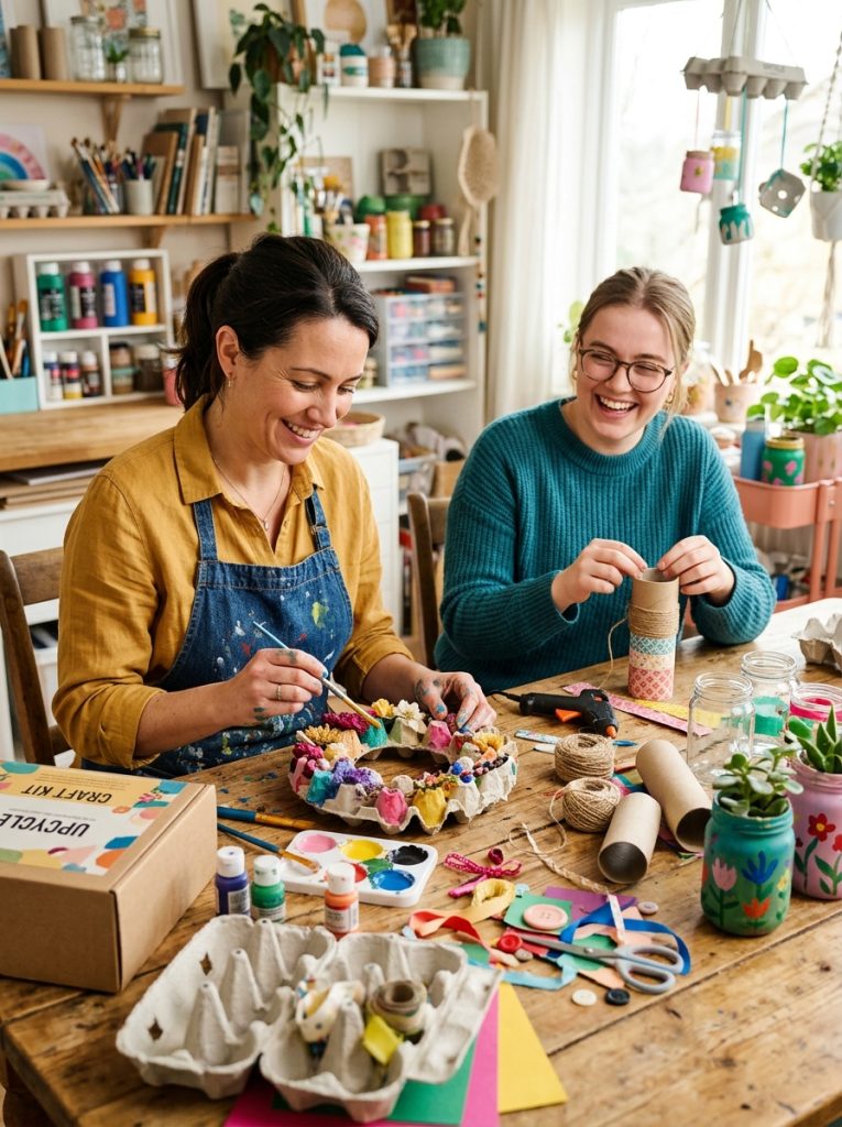 Creative upcycled crafts session with kit supplies and household items being transformed into beautiful creations on craft table 
