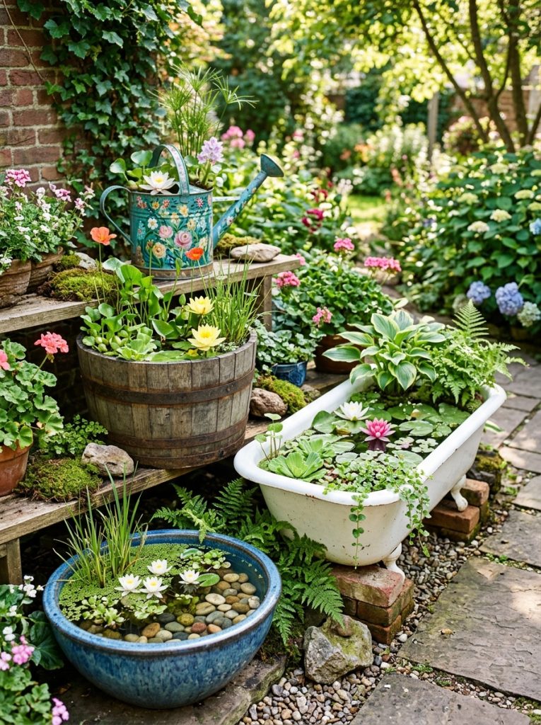 Creative craft DIY mini pond containers with painted watering can wooden barrel vintage bathtub and ceramic bowl filled with aquatic plants