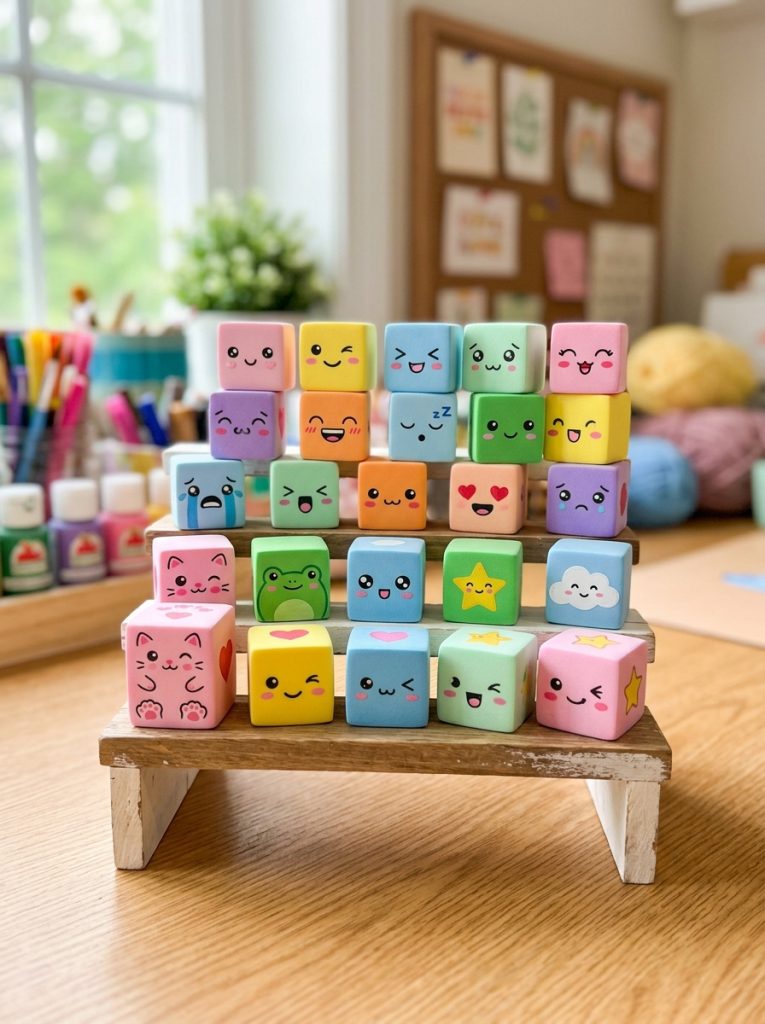 Creative cube squishies DIY with foam cubes decorated with kawaii faces different expressions and designs on each side