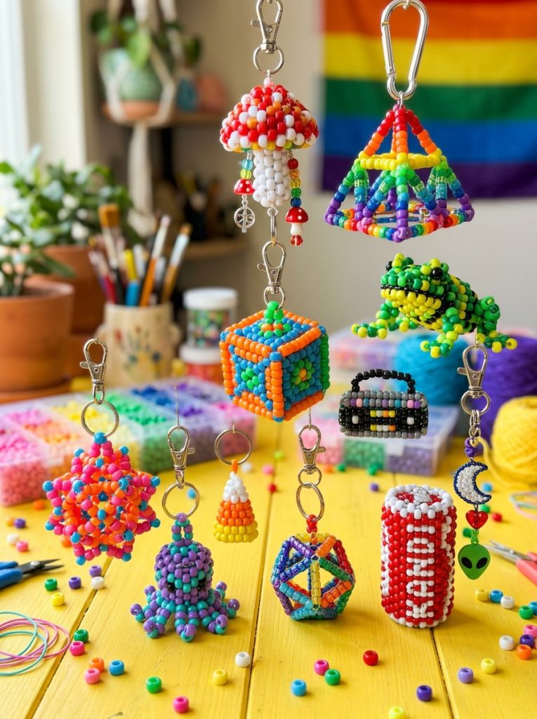 Creative keychain and 3D kandi with pony bead keychains geometric shapes and sculptures showing versatility beyond bracelet format