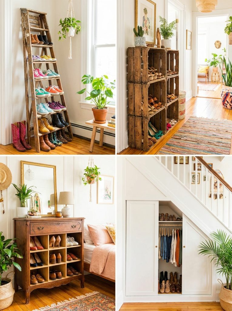 Creative shoe storage with repurposed furniture ladder displays crate storage and inventive approaches in beautifully styled home interiors