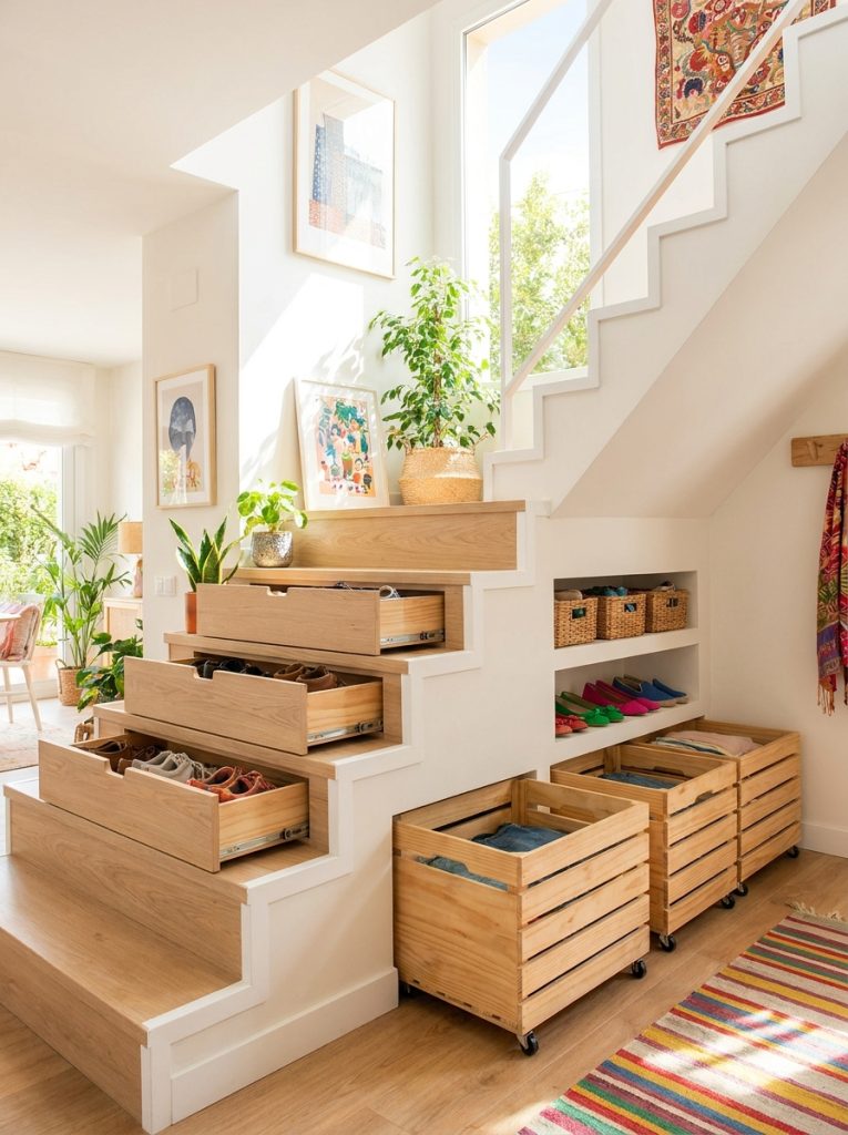  Creative stairs shoe storage with pull-out stair drawers open alcove shelving and integrated stair shoe storage in bright home