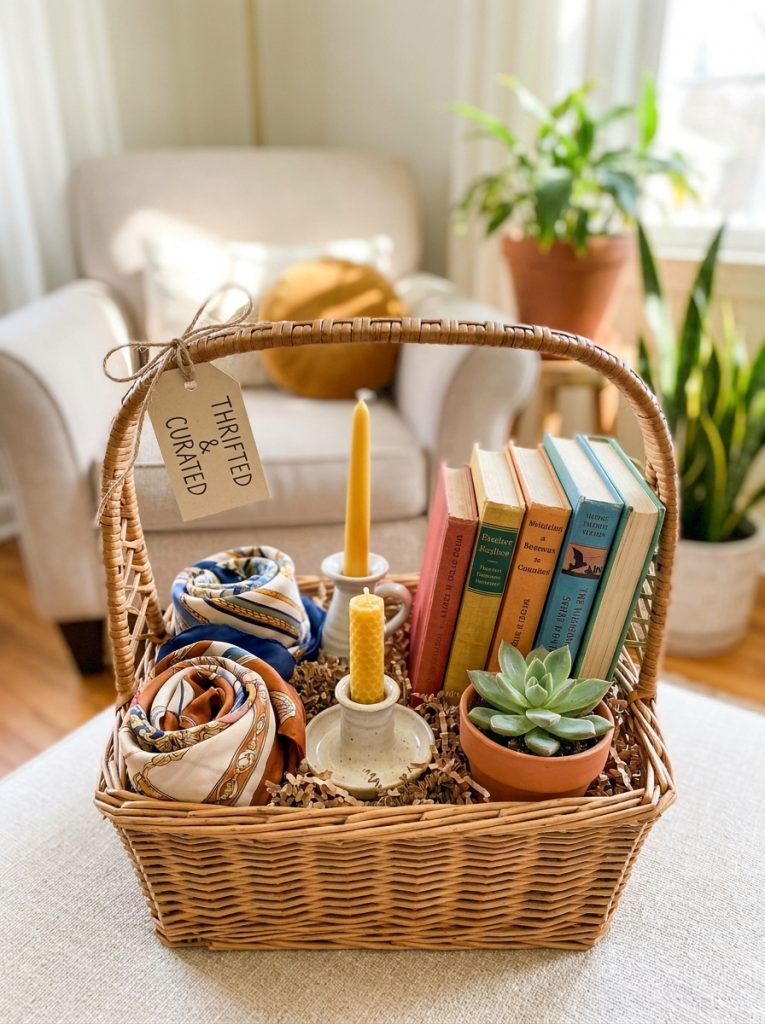 Creative thrifted gift basket with thrifted container unique books candles and accessories beautifully curated and presented 