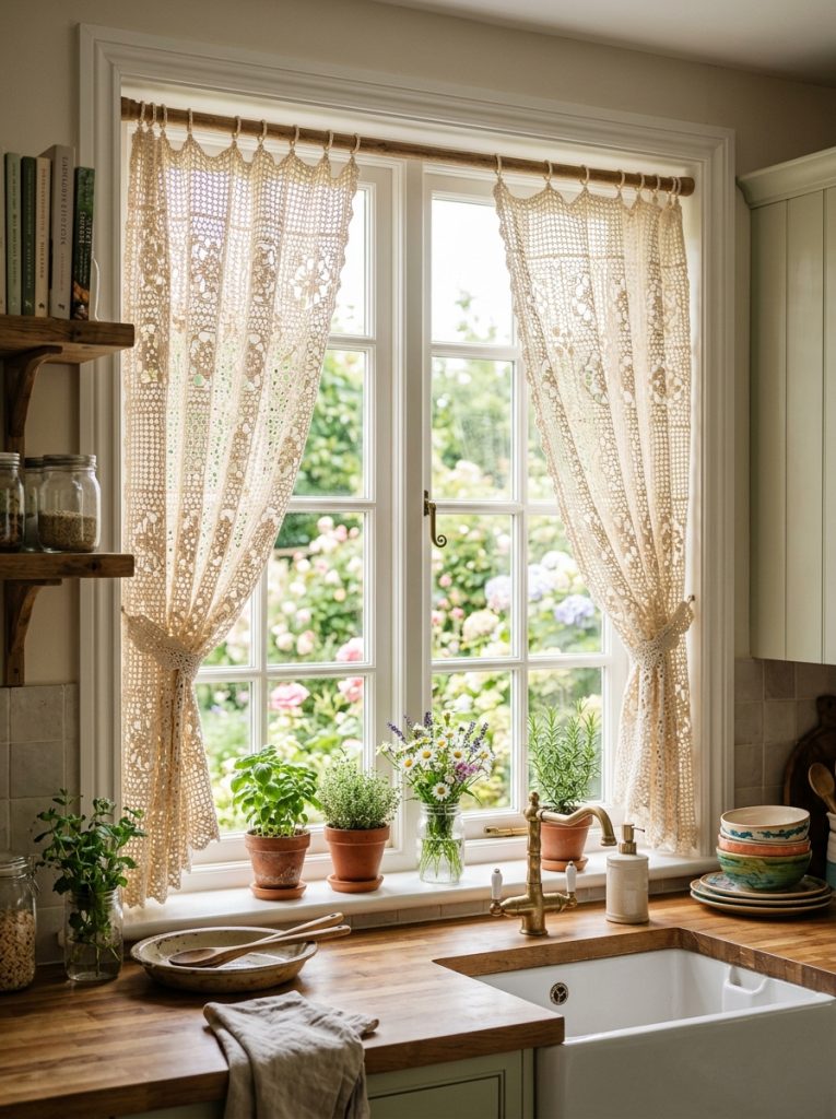Beautiful crochet kitchen window curtains with delicate open stitch patterns filtering light softly in charming warmly textured kitchen display