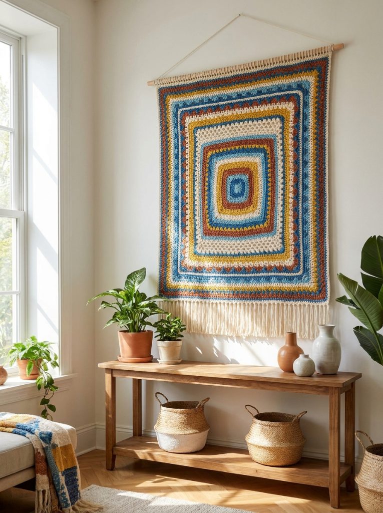 Beautiful crochet tapestry wall decor with intricate colorwork geometric patterns multi-color designs as impressive wall art in styled interiors 