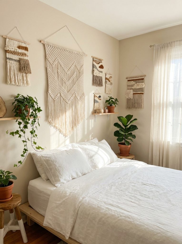 Beautiful aesthetic bedroom crochet wall decor with hangings in neutral bedding plants and minimal decor creating personal aesthetic room 