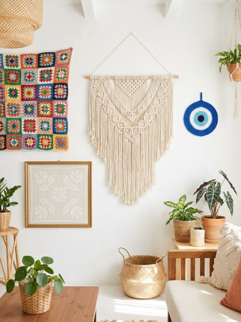 Beautiful crochet wall decor display with boho fringe granny square colorful filet tapestry and evil eye pieces on styled home walls