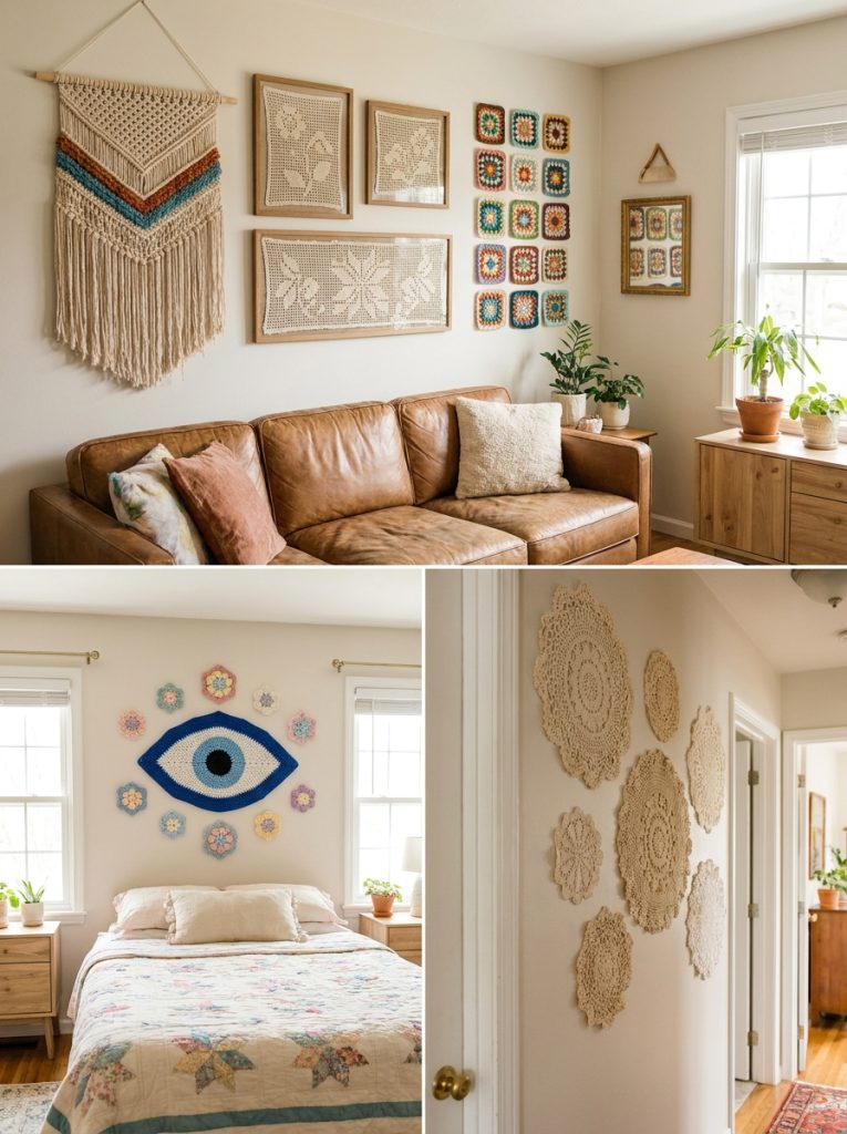 Complete crochet wall decor collection with boho tapestry filet granny square evil eye aesthetic bedroom cute and vintage throughout styled home 
