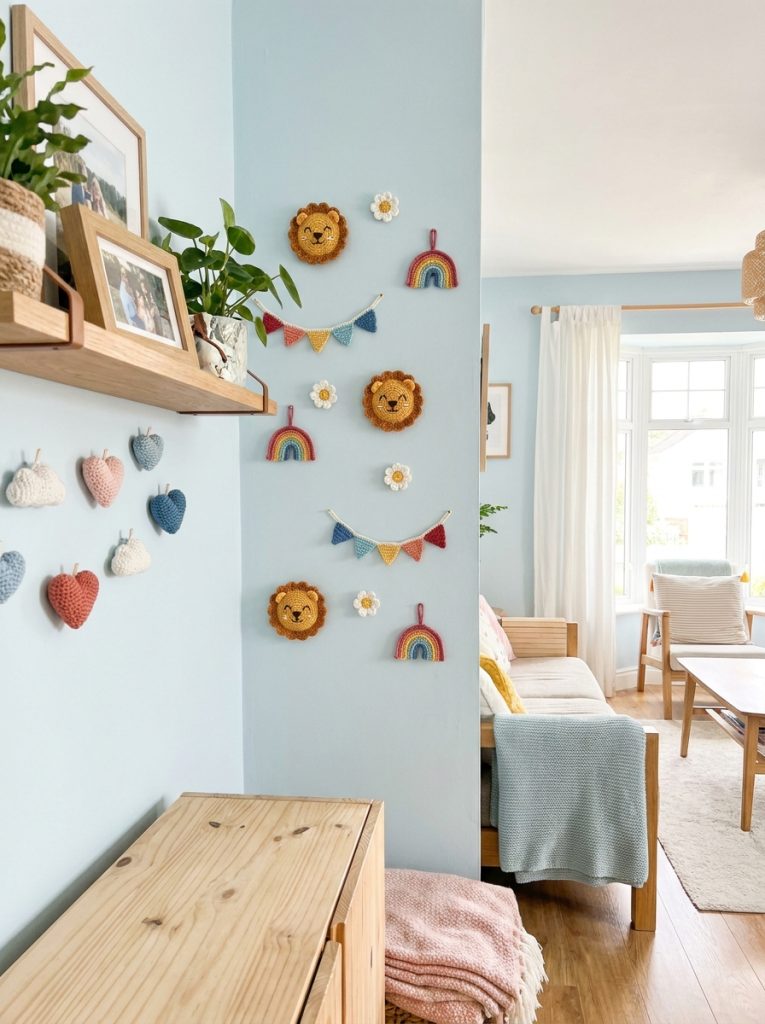 Cute easy crochet wall decor with animal shapes flower motifs mini hangings and charming decorative elements on bright walls in cheerful interiors 