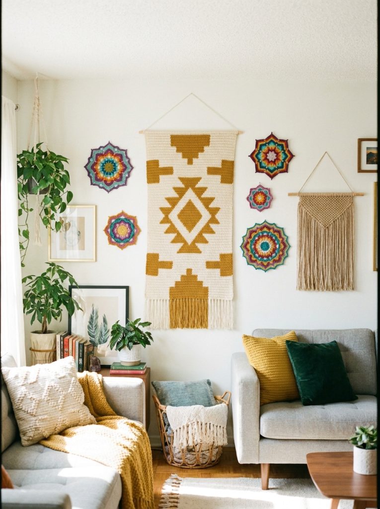 Beautiful free pattern crochet wall decor projects with geometric boho and decorative designs made by beginners from free tutorials on walls