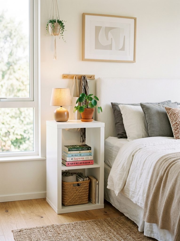 IKEA style cube shelf used as bedside table with lamp plant and books in clean bedroom